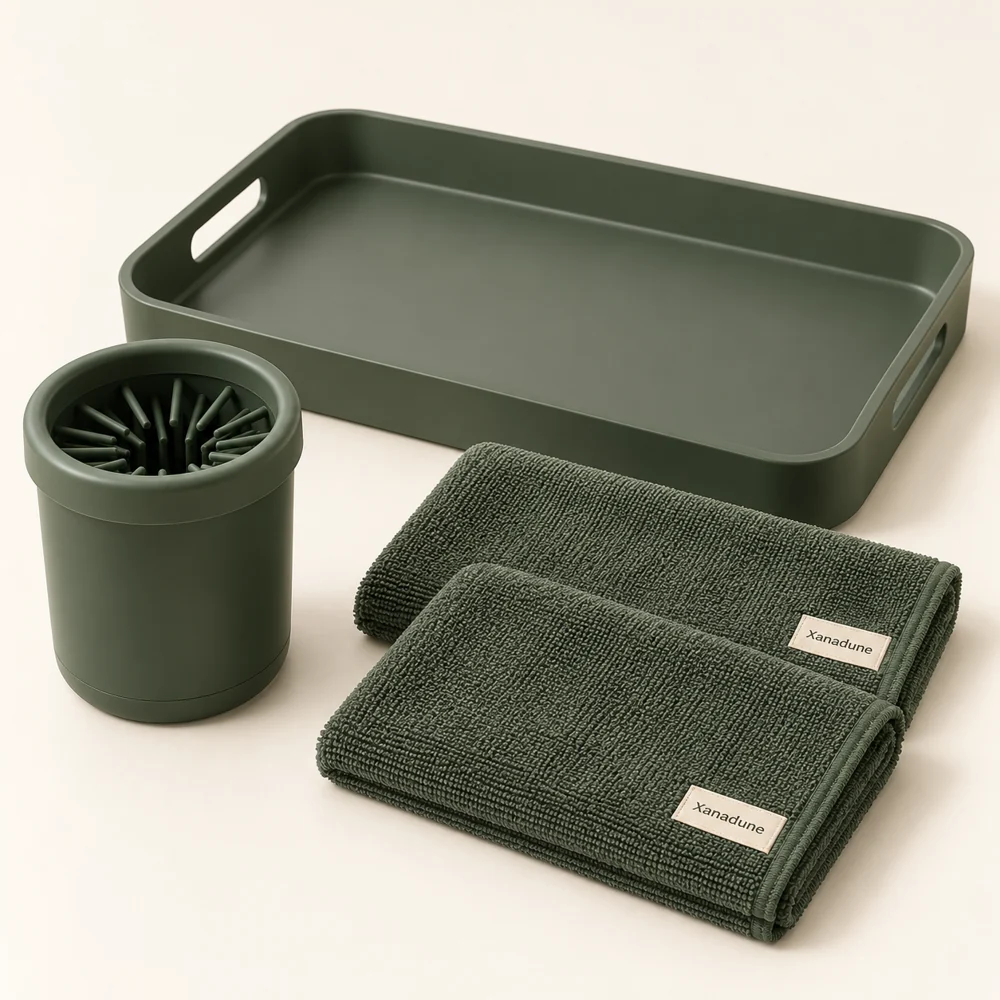 Entry Paw Care Kit in Moss — One M rinse cup, two towels and one tray