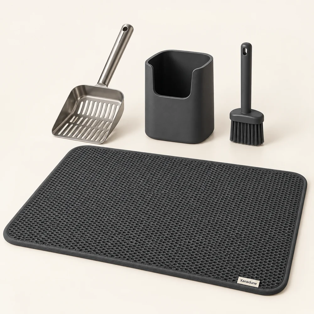 Wide Litter Station in Graphite — One wide mat, one steel scoop, one scoop holder and one small brush