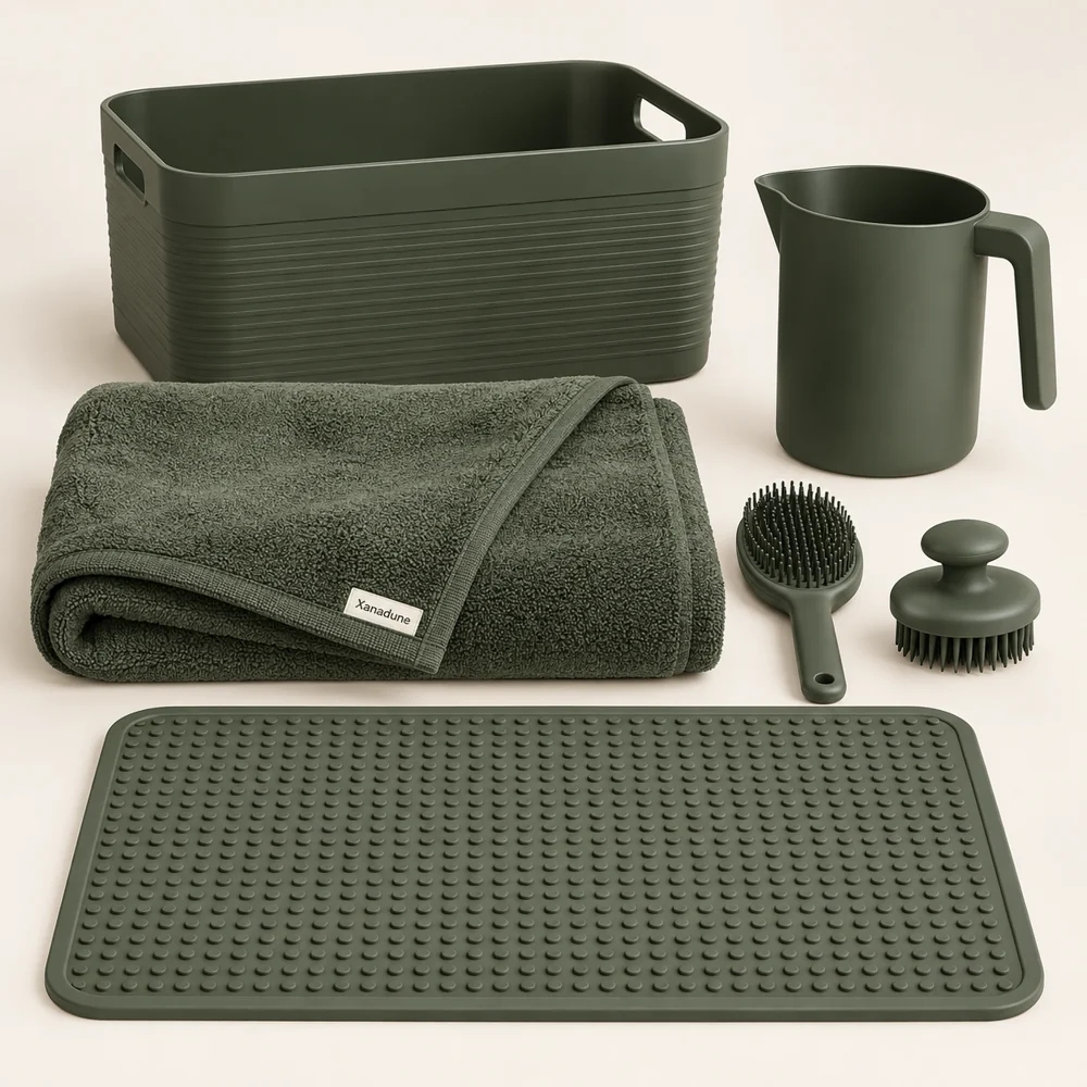 Large Pet Bath Set in Moss — One large towel, two differently shaped brushes, one jug, one mat and one basket