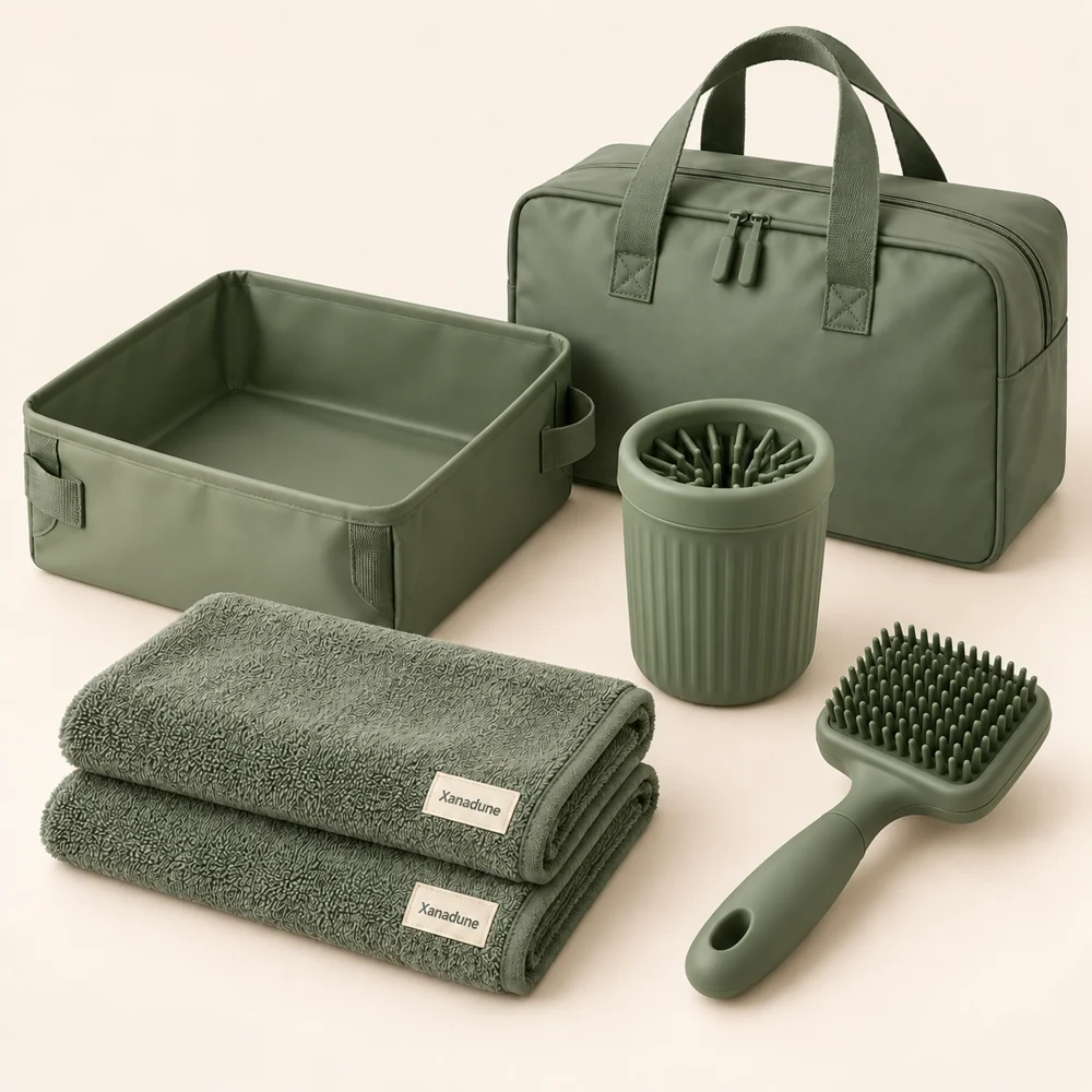 Home & Travel Collection in Moss — One folding basin, one cup, two towels, one hair brush and one zip bag